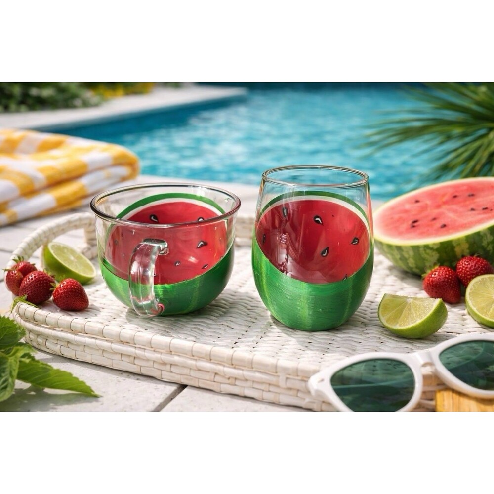 Signed Iliana Briones Mendez Hand Painted Watermelon Glass Mug Tumbler Set NWT
